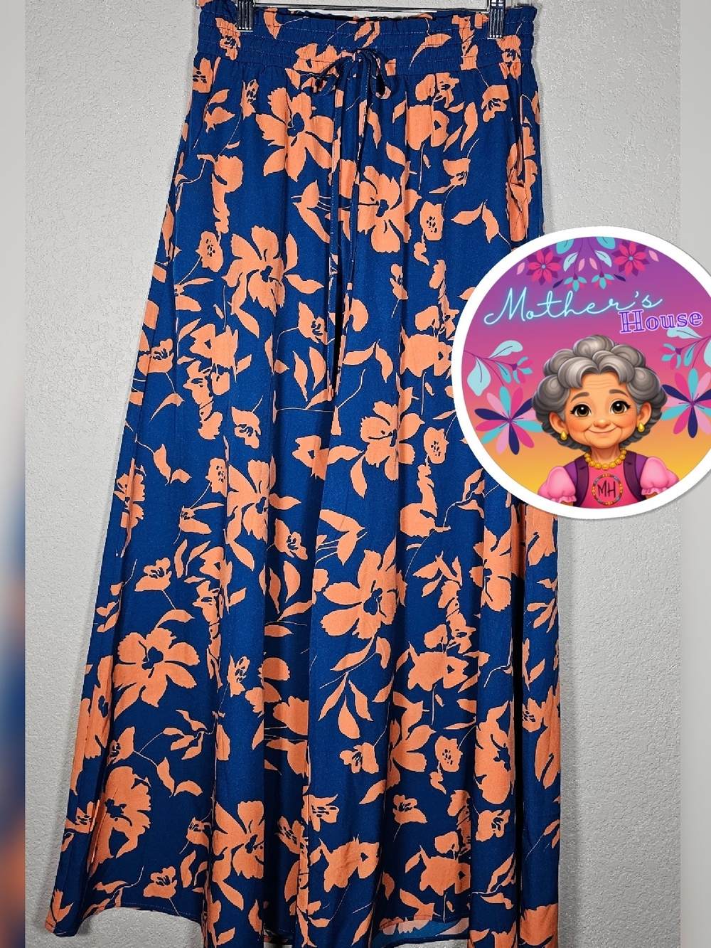 Women's Navy Blue Floral Wide Leg Pant - Peach Color Print